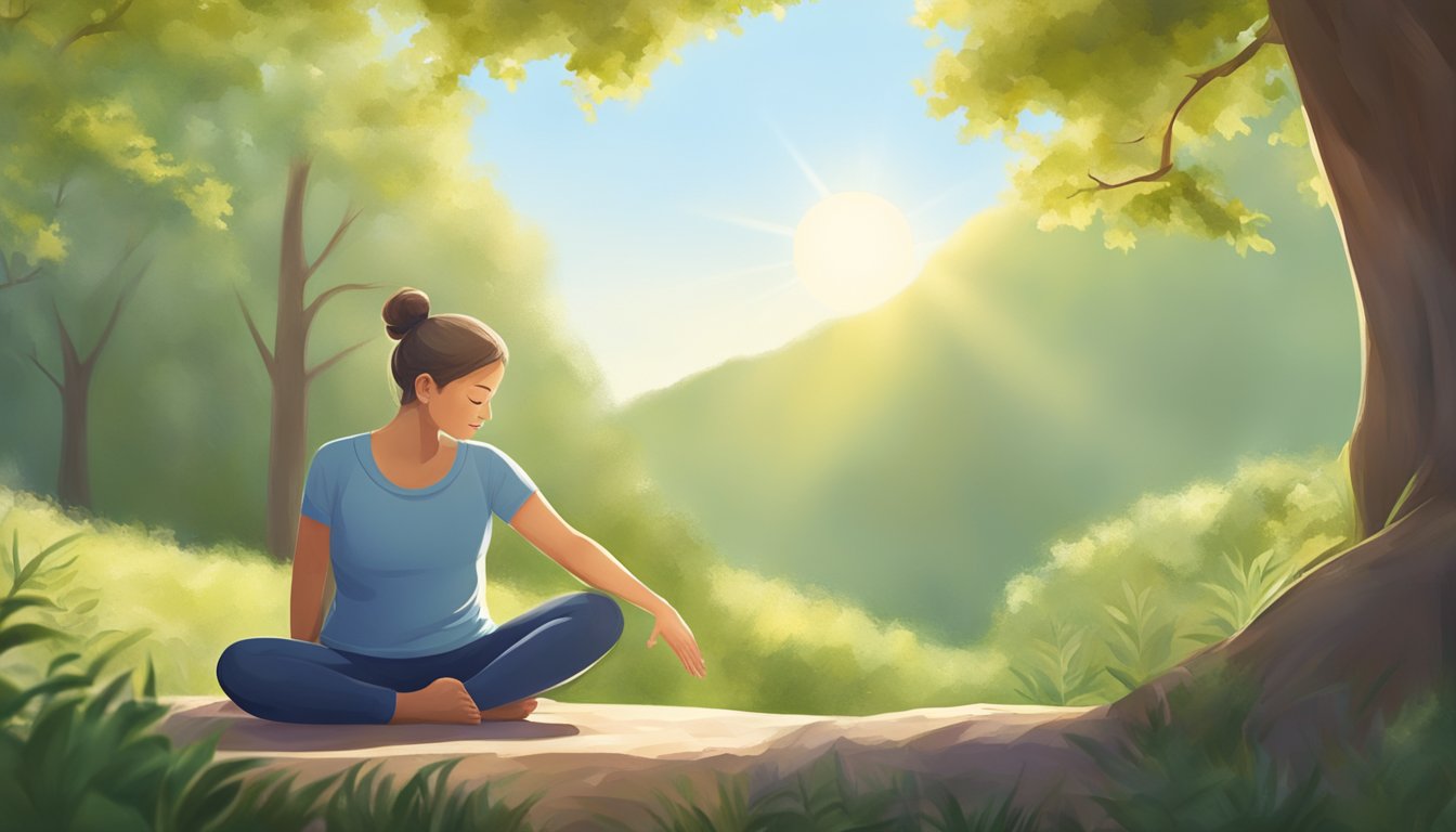 A diabetic person stretching in a peaceful outdoor setting, surrounded by nature and sunlight, with a sense of calm and determination