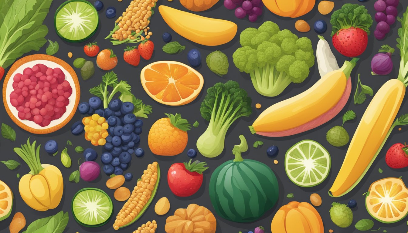 A colorful array of fruits, vegetables, and whole grains arranged around a central cluster of vibrant, diverse gut bacteria