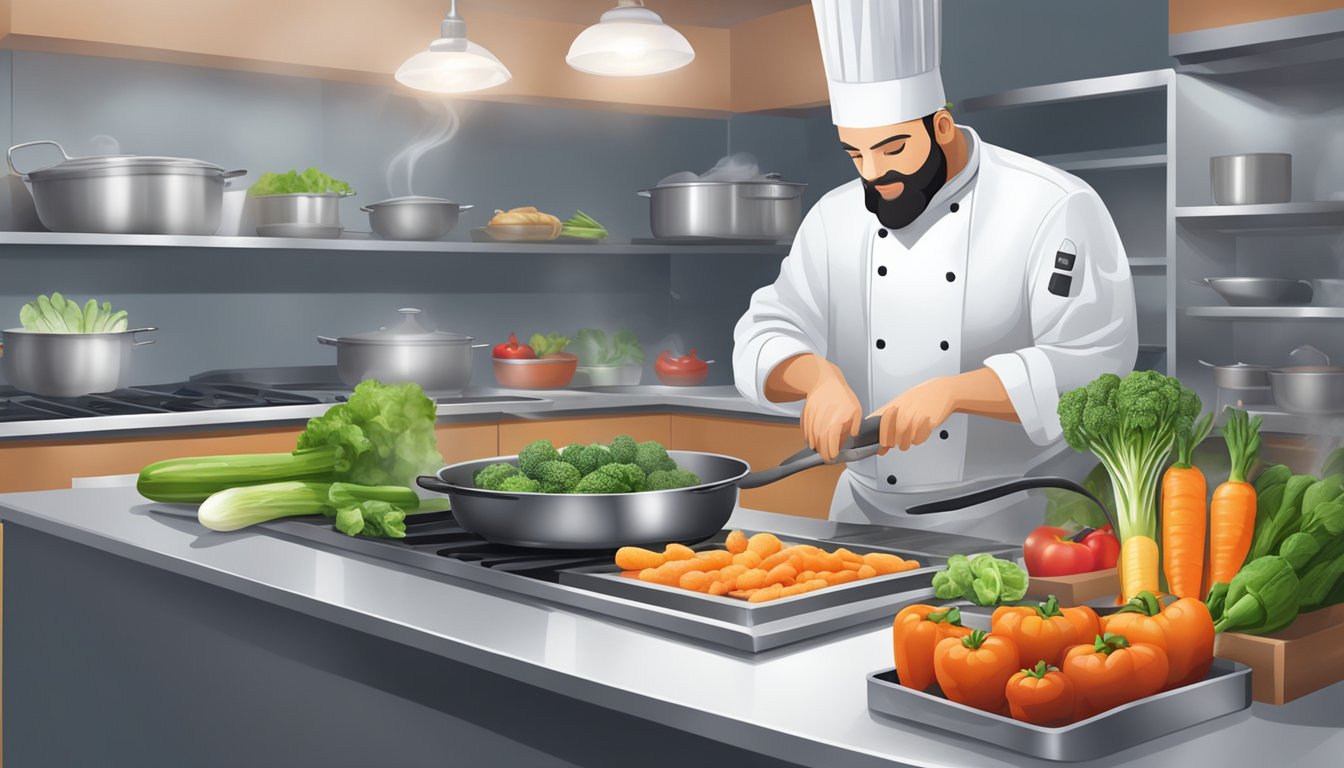 A chef preparing fresh vegetables and lean proteins using steaming, grilling, and baking methods in a clean, organized kitchen