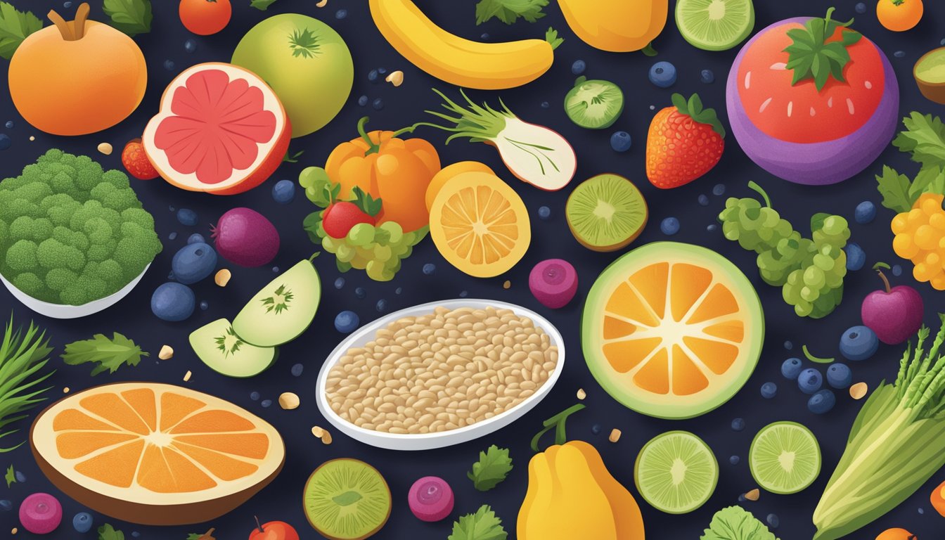 A vibrant assortment of colorful fruits, vegetables, and whole grains arranged on a table, surrounded by swirling, abstract representations of gut bacteria