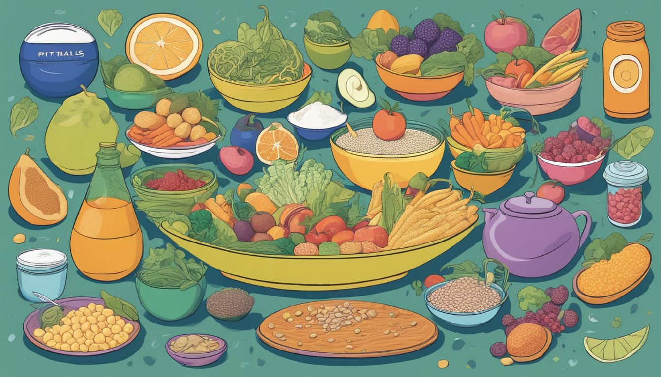 A colorful illustration of a diverse array of foods, with some labeled as "pitfalls" and others as "superfoods," surrounded by swirling lines representing the microbiome