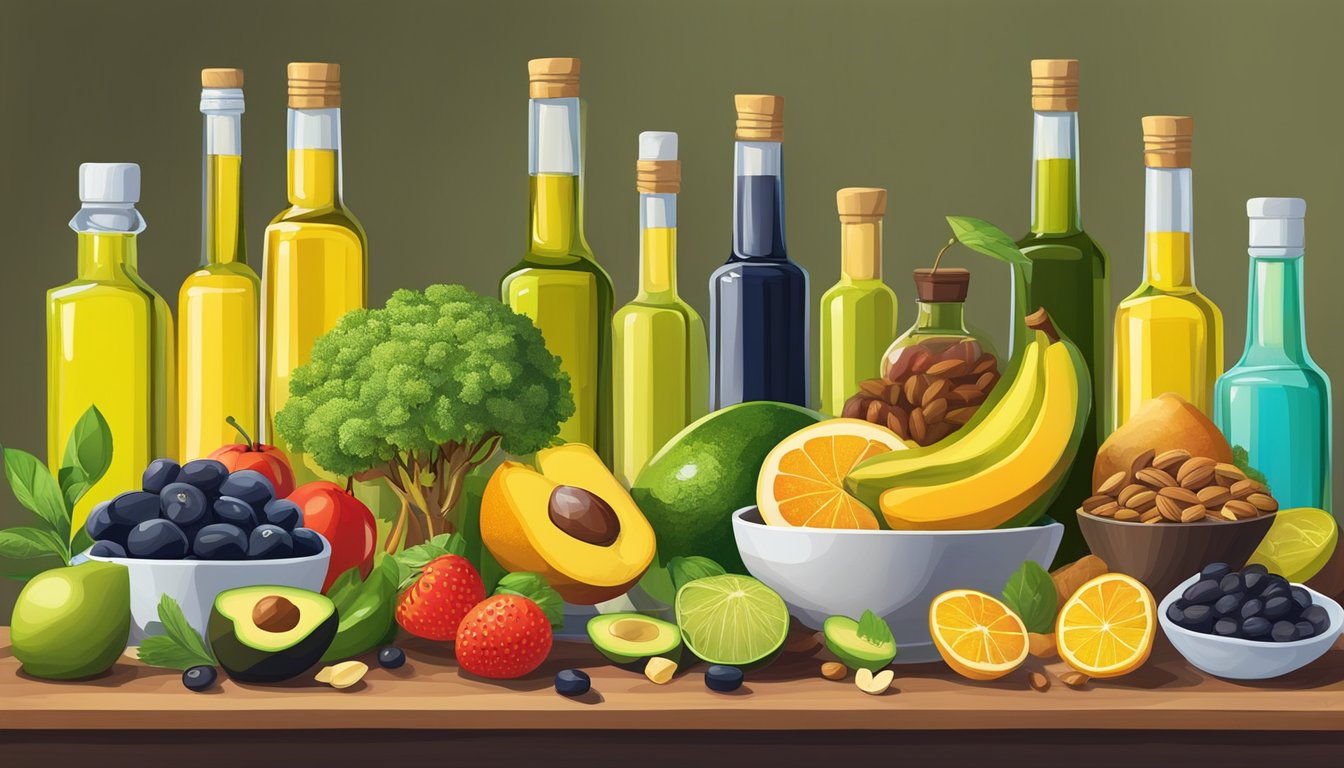 A colorful array of fruits, vegetables, nuts, and seeds surrounded by bottles of olive oil and avocado oil, showcasing the pairing of fats and oils with nutrient-rich superfoods