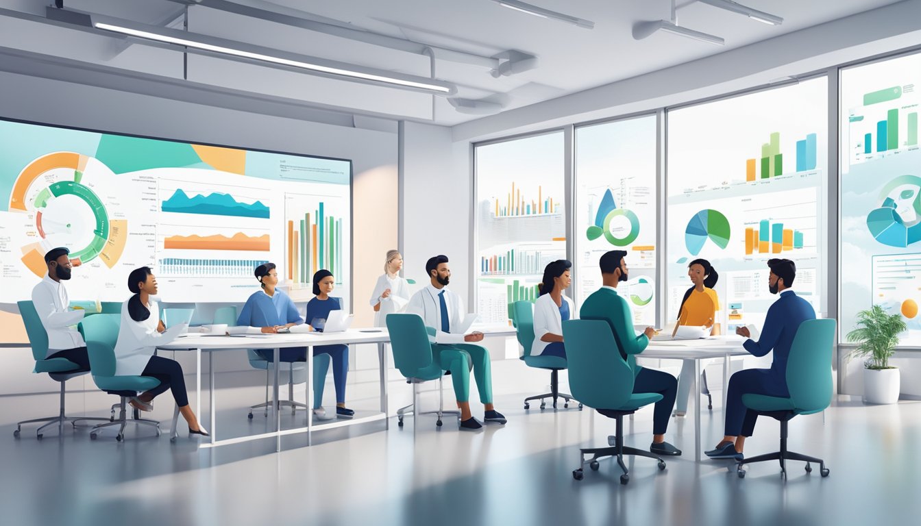 A group of healthcare professionals discussing the microbiome and superfoods in a modern, bright office setting with charts and diagrams on the walls