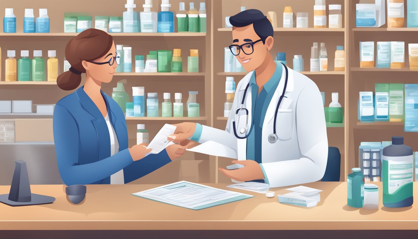 A person receiving a prescription for Ozempic from a doctor, with a pharmacist providing the medication and explaining its use for Type 2 Diabetes