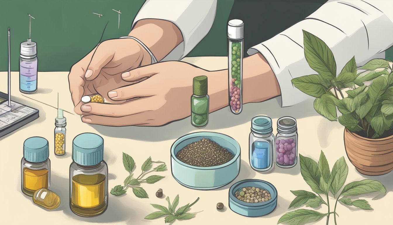 A person receiving acupuncture while holding a vial of Ozempic, surrounded by herbal remedies and a diabetes monitoring kit