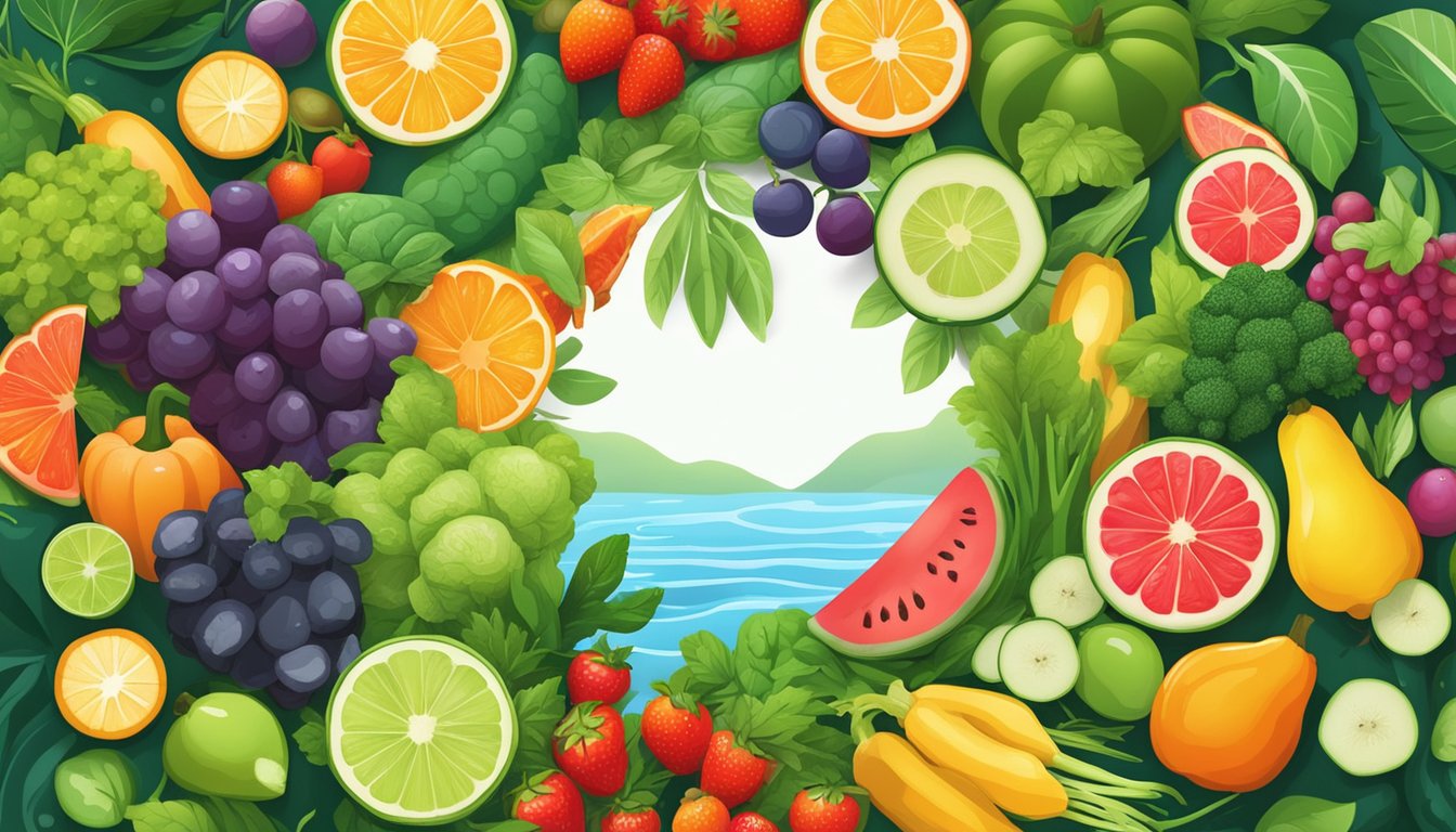 A vibrant array of colorful fruits and vegetables arranged in a circular pattern, surrounded by flowing water and lush greenery