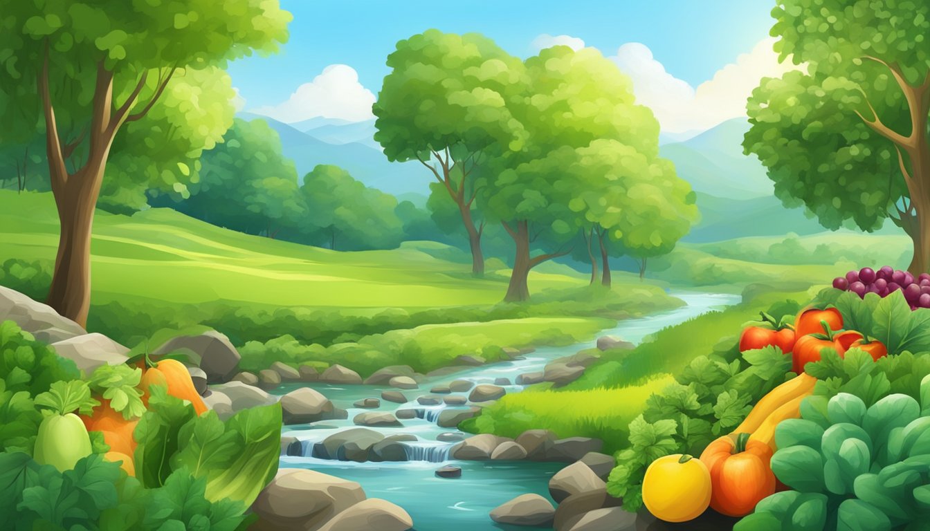 A lush green landscape with a clear stream flowing through it, surrounded by vibrant fruits and vegetables. A serene and natural setting, free of toxins