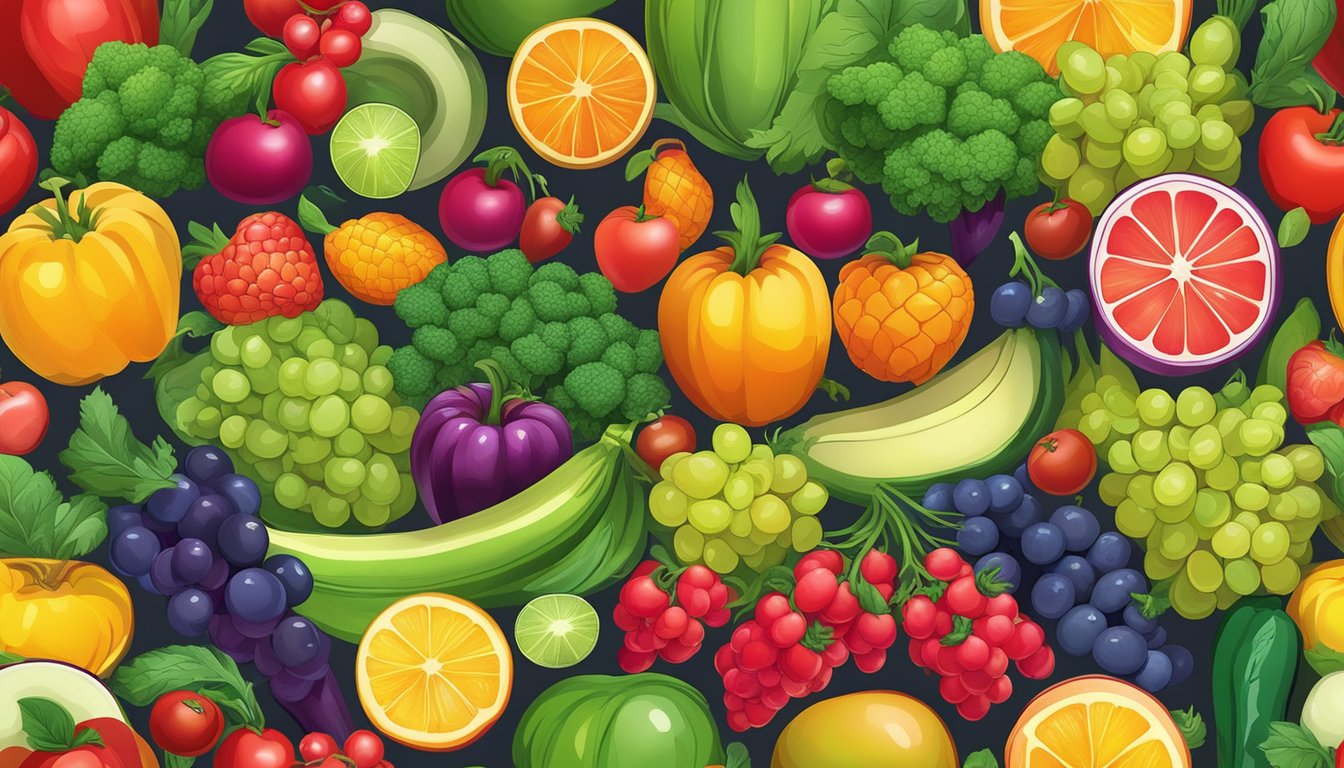 A vibrant array of colorful fruits and vegetables arranged in a circular pattern, with a glowing halo effect around them