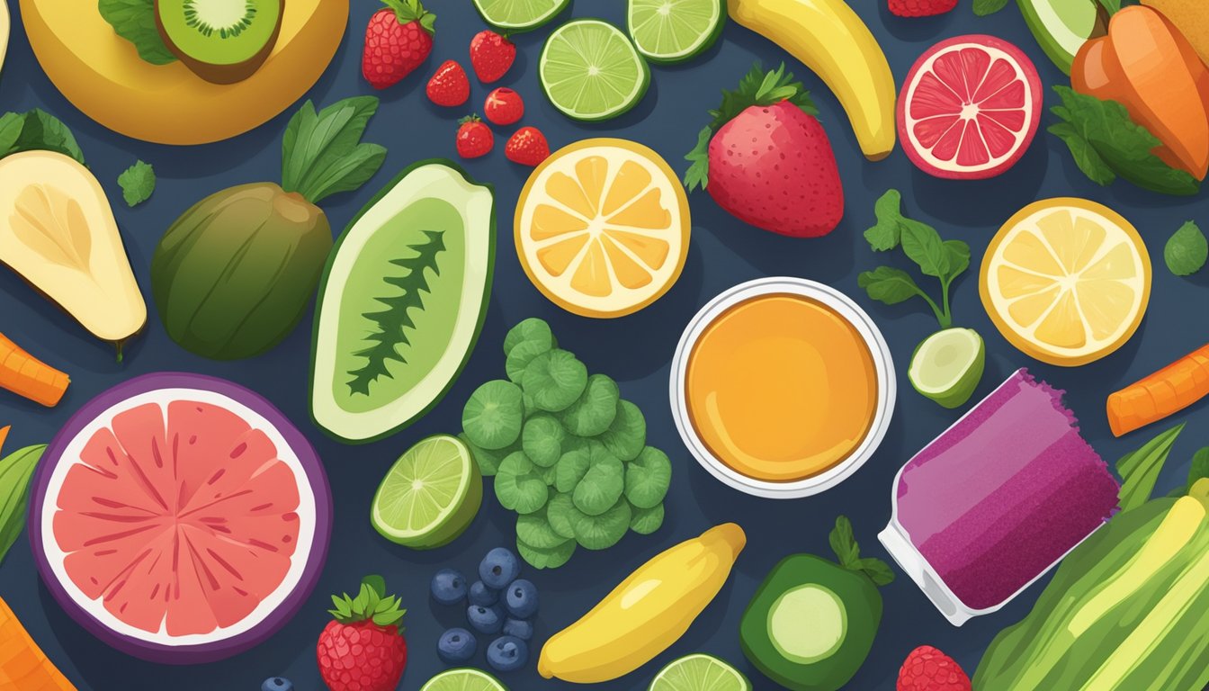 A vibrant array of fresh fruits, vegetables, and superfood powders spread out on a countertop, ready to be blended into a colorful superfood smoothie