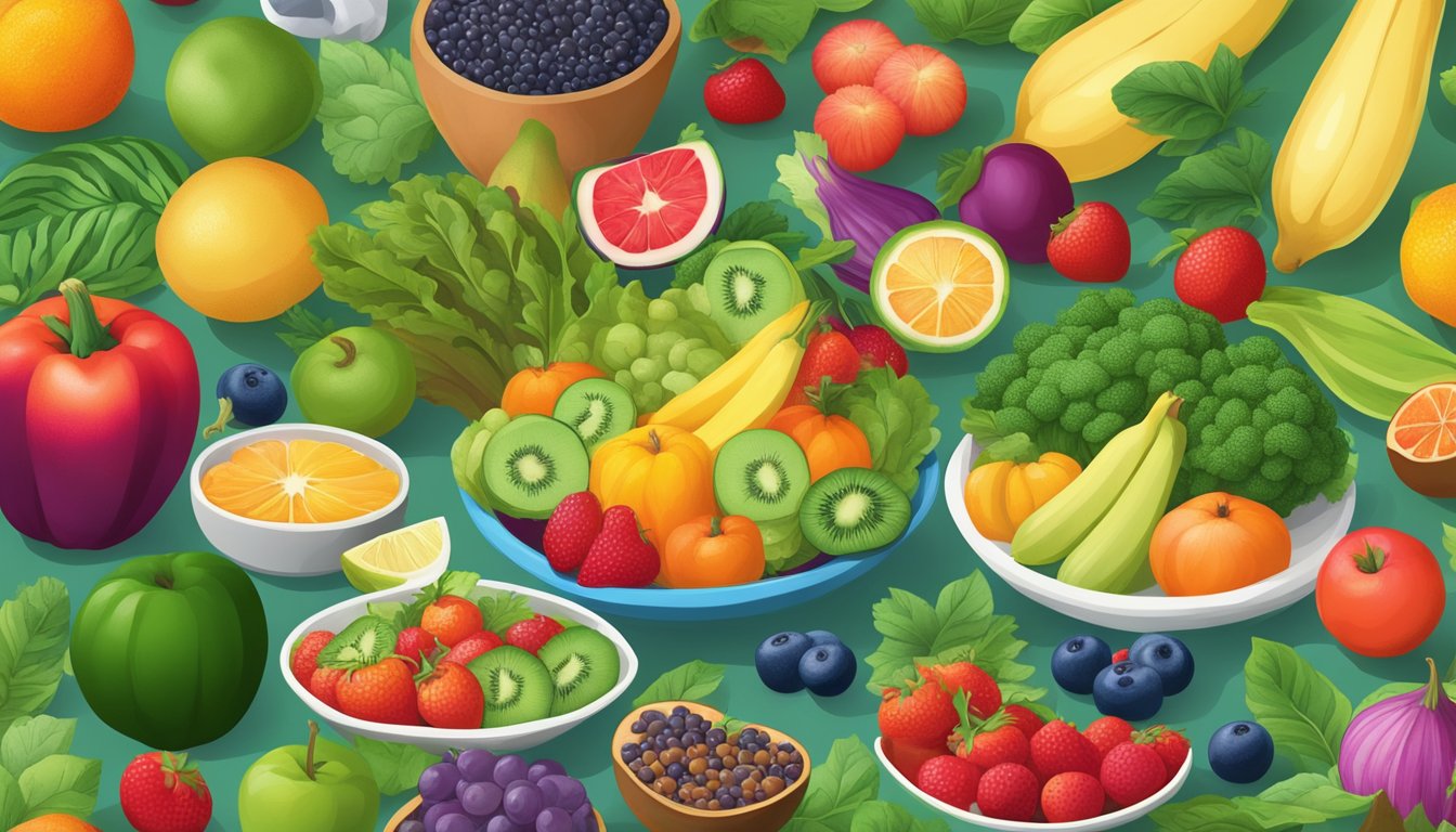 A vibrant array of colorful superfoods arranged on a table, surrounded by lush green plants and a variety of fruits and vegetables