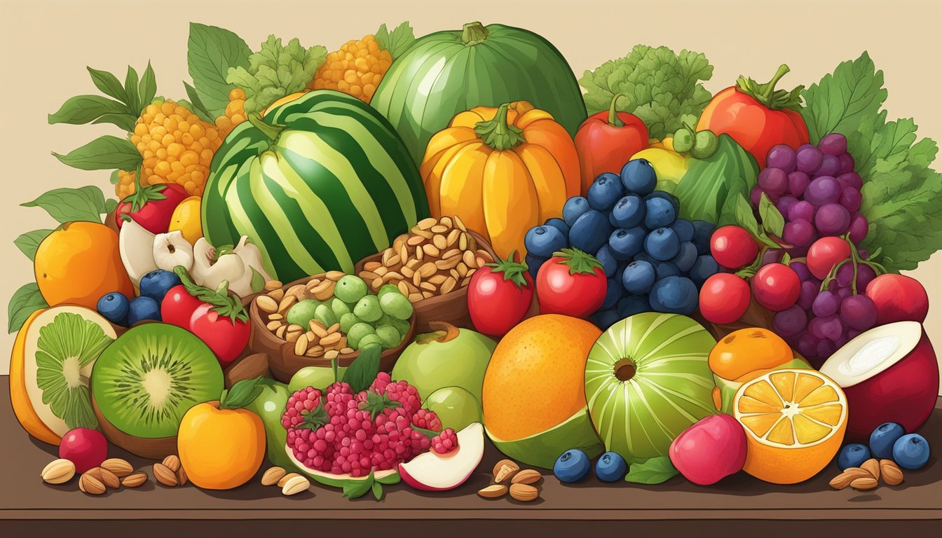 A vibrant array of colorful fruits, vegetables, and nuts arranged on a table, with a variety of herbs and spices scattered around them