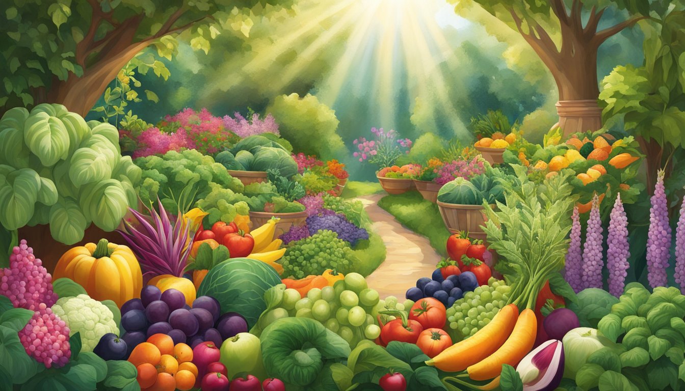 A lush garden bursting with vibrant, nutrient-dense fruits and vegetables, surrounded by tall, leafy plants and colorful flowers. Sunlight streams through the foliage, illuminating the abundance of superfoods