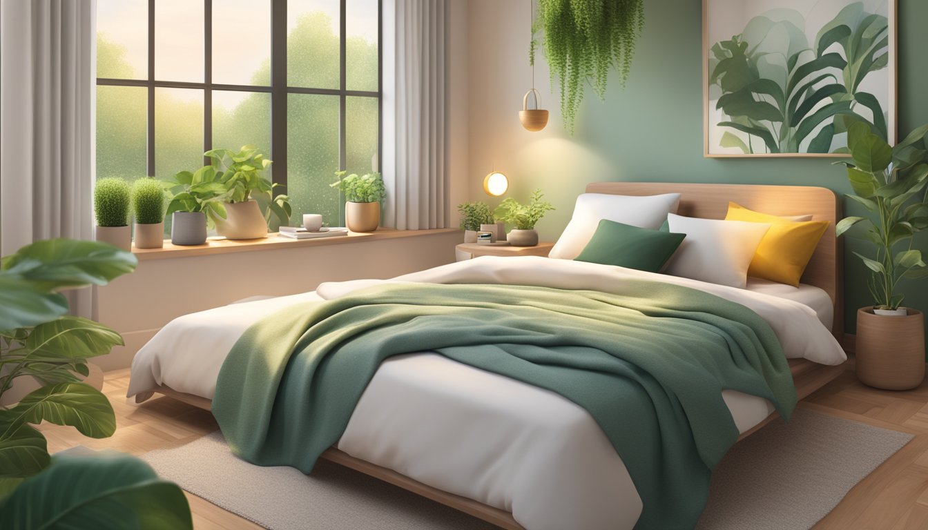 A tranquil bedroom with a bedside table holding a variety of nutrient-rich superfoods and a warm cup of herbal tea, surrounded by lush green plants and soft, cozy bedding