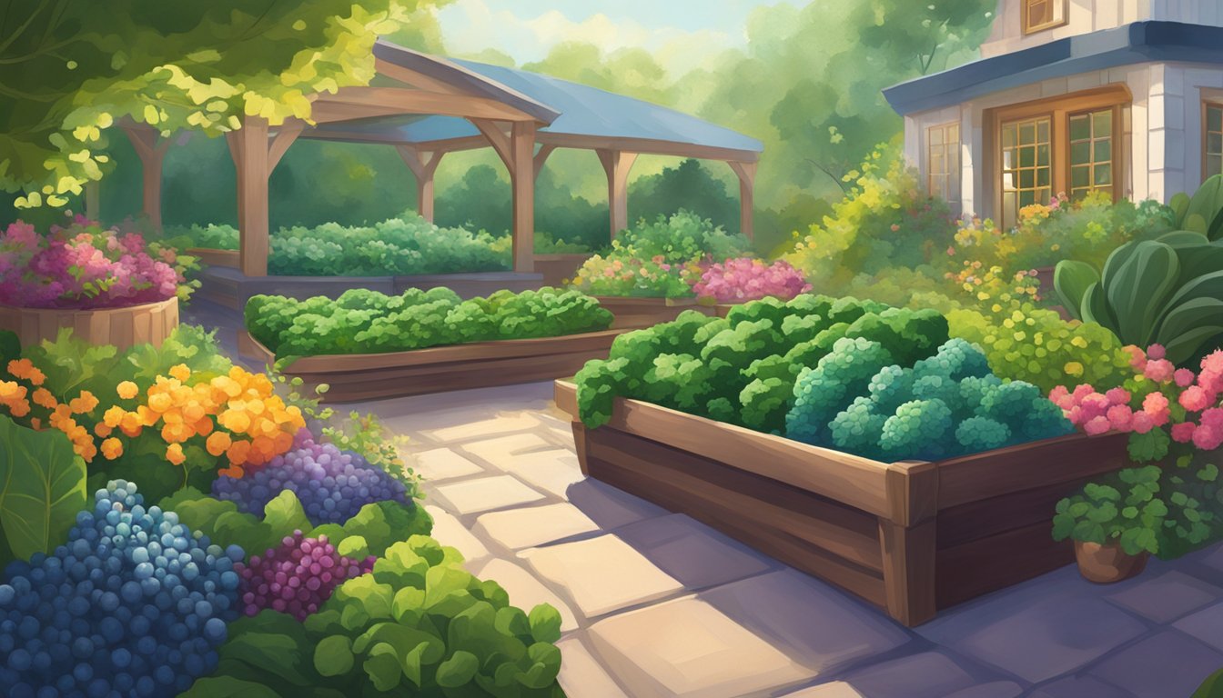 A vibrant garden bursting with kale, blueberries, and spinach, surrounded by lush greenery and bathed in sunlight