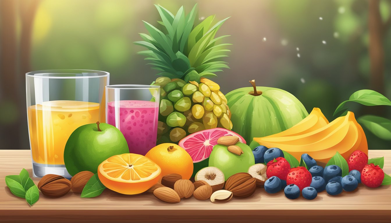 A vibrant assortment of colorful fruits, nuts, and seeds arranged on a wooden cutting board, surrounded by fresh green leaves and a glass of refreshing water