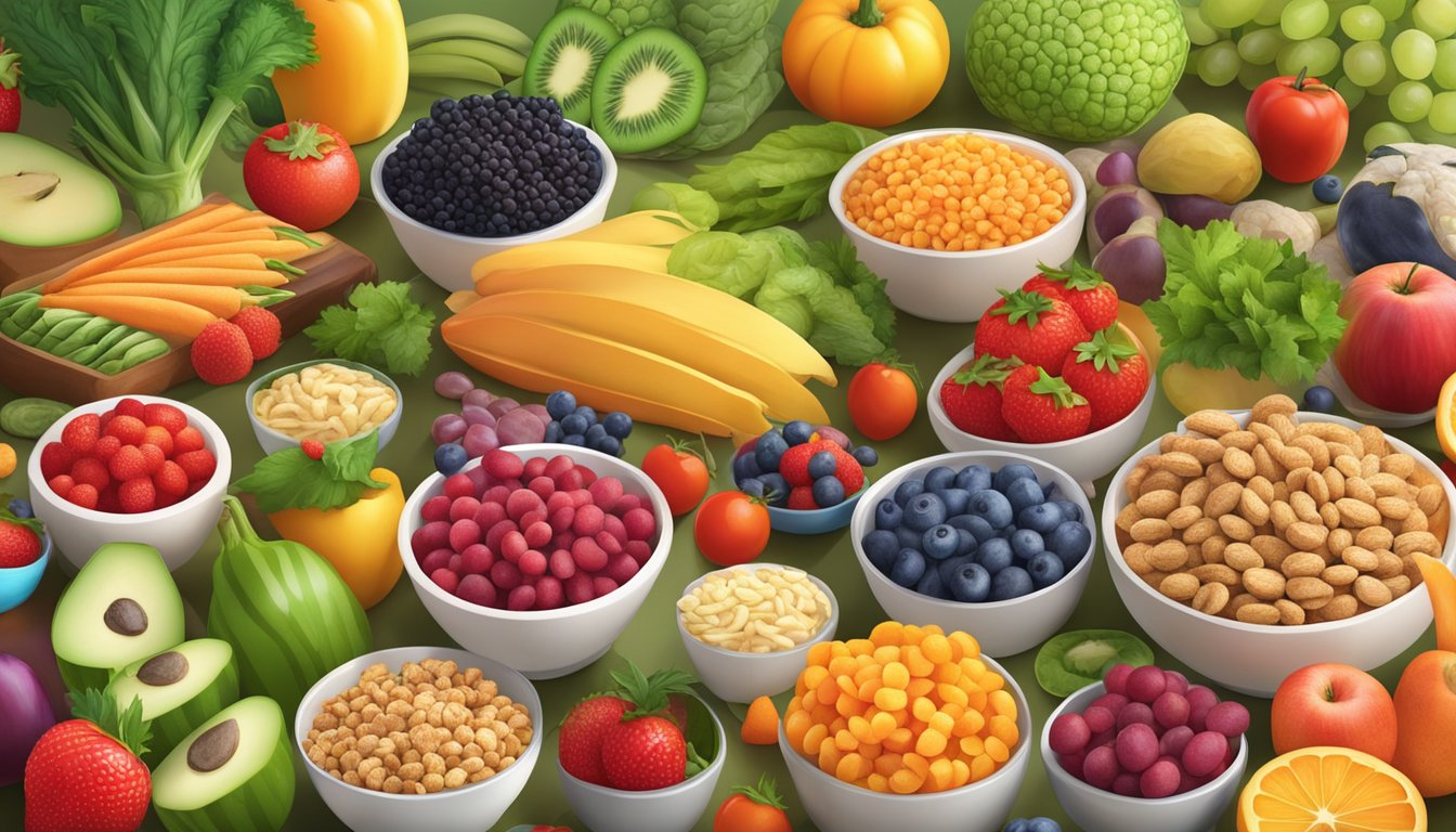 A vibrant display of colorful superfood snacks arranged in an appealing and appetizing manner, surrounded by fresh fruits and vegetables