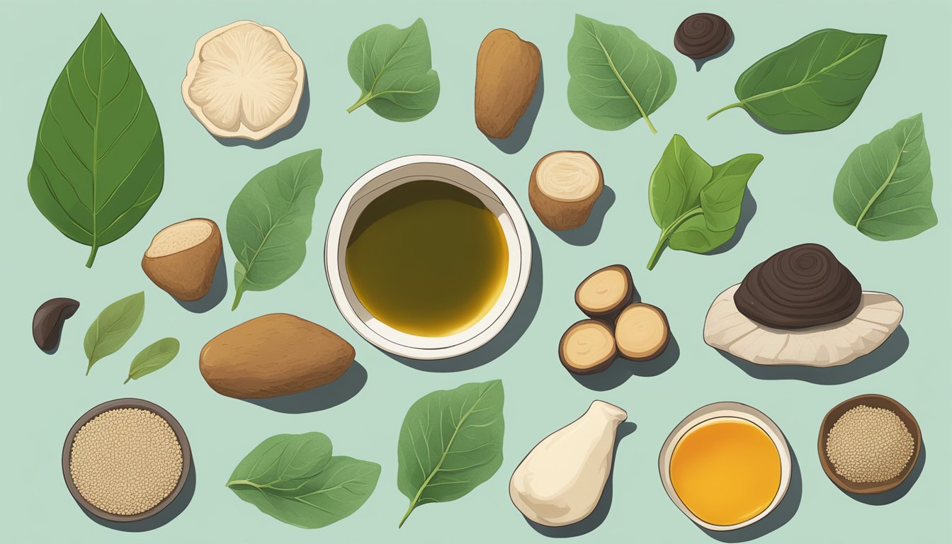 A vibrant array of adaptogenic superfoods, such as ashwagandha, holy basil, and reishi mushrooms, displayed on a modern, minimalist table