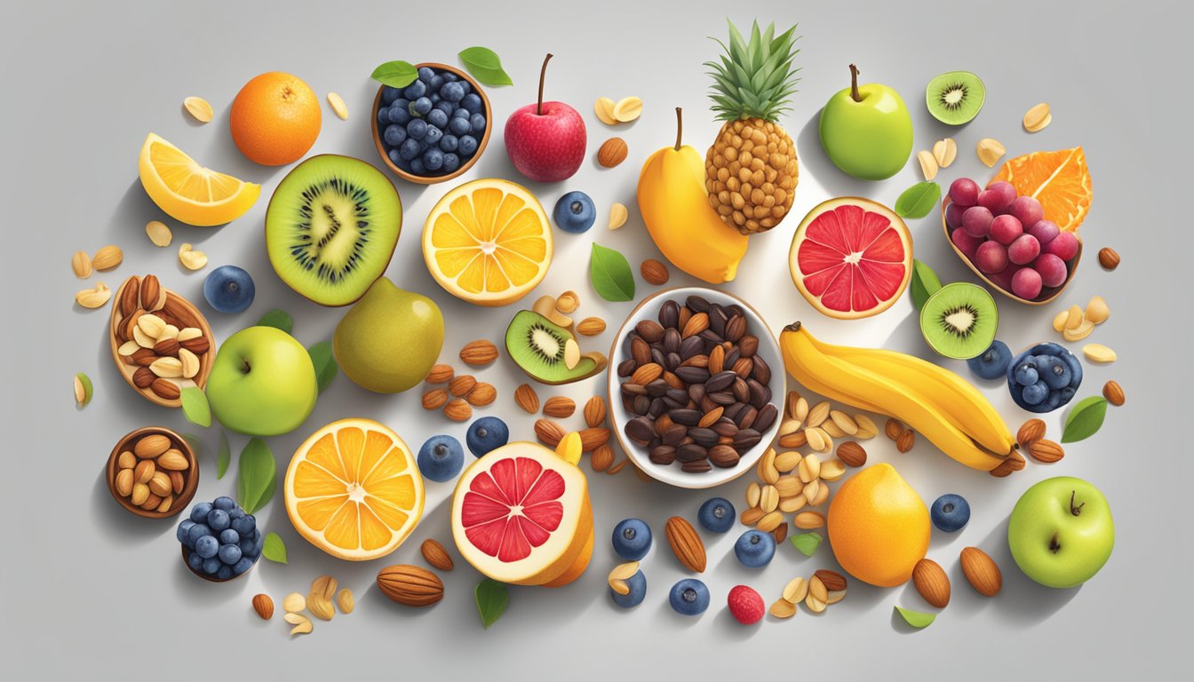 A vibrant display of colorful fruits, nuts, and seeds arranged in a modern and sleek setting, with a variety of healthy snack options showcased