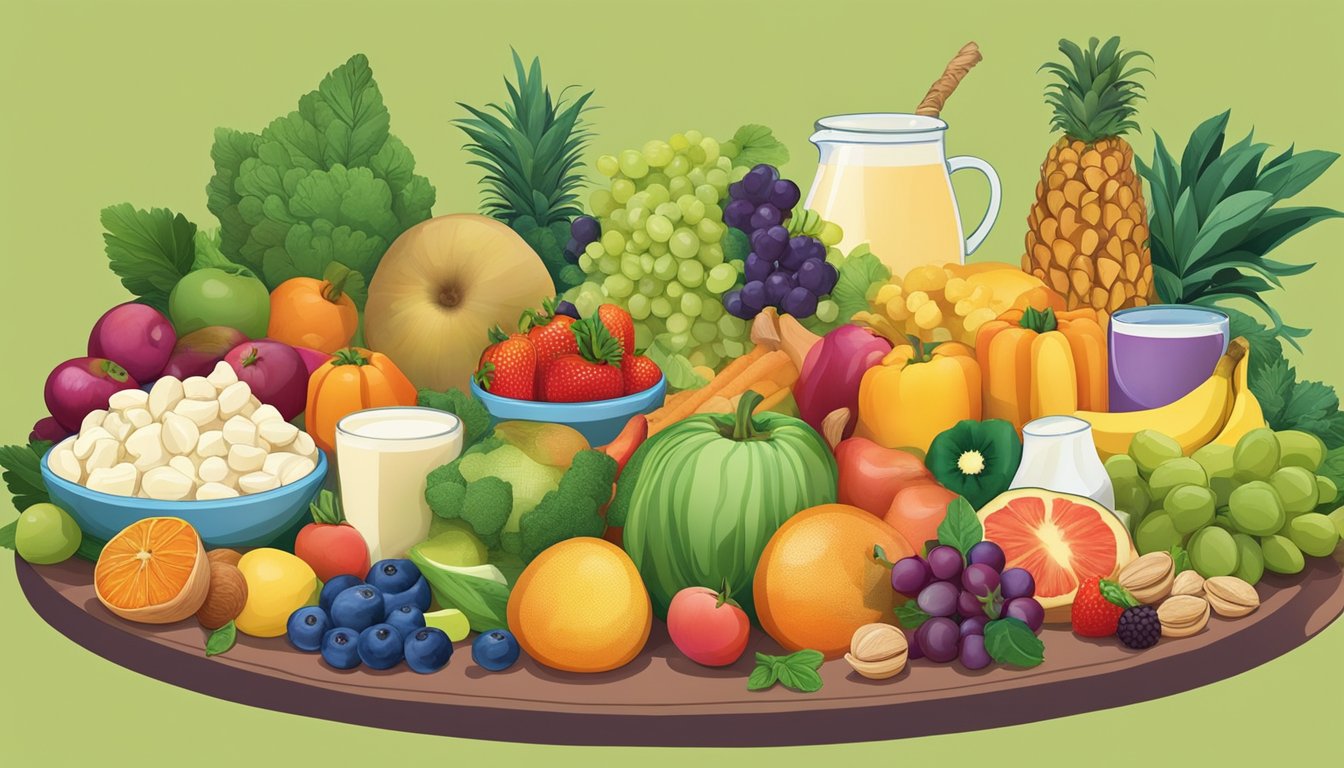 A table with an assortment of colorful fruits, vegetables, nuts, and dairy products, all known for their bone-strengthening properties, arranged in an appealing and visually engaging manner