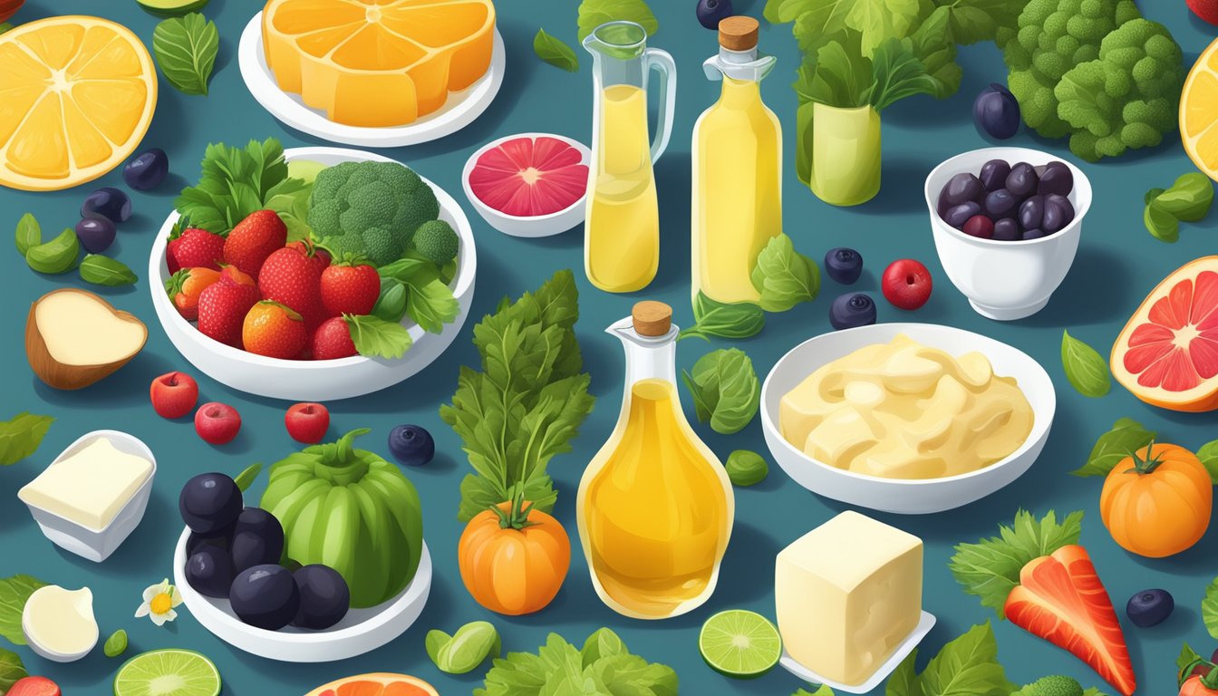 A colorful assortment of oils, dairy products, and alternative nutrient sources arranged on a table, surrounded by vibrant fruits and vegetables