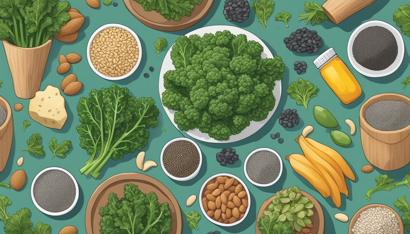 A vibrant array of unconventional superfoods, such as kale, almonds, and chia seeds, surrounded by bone-shaped objects