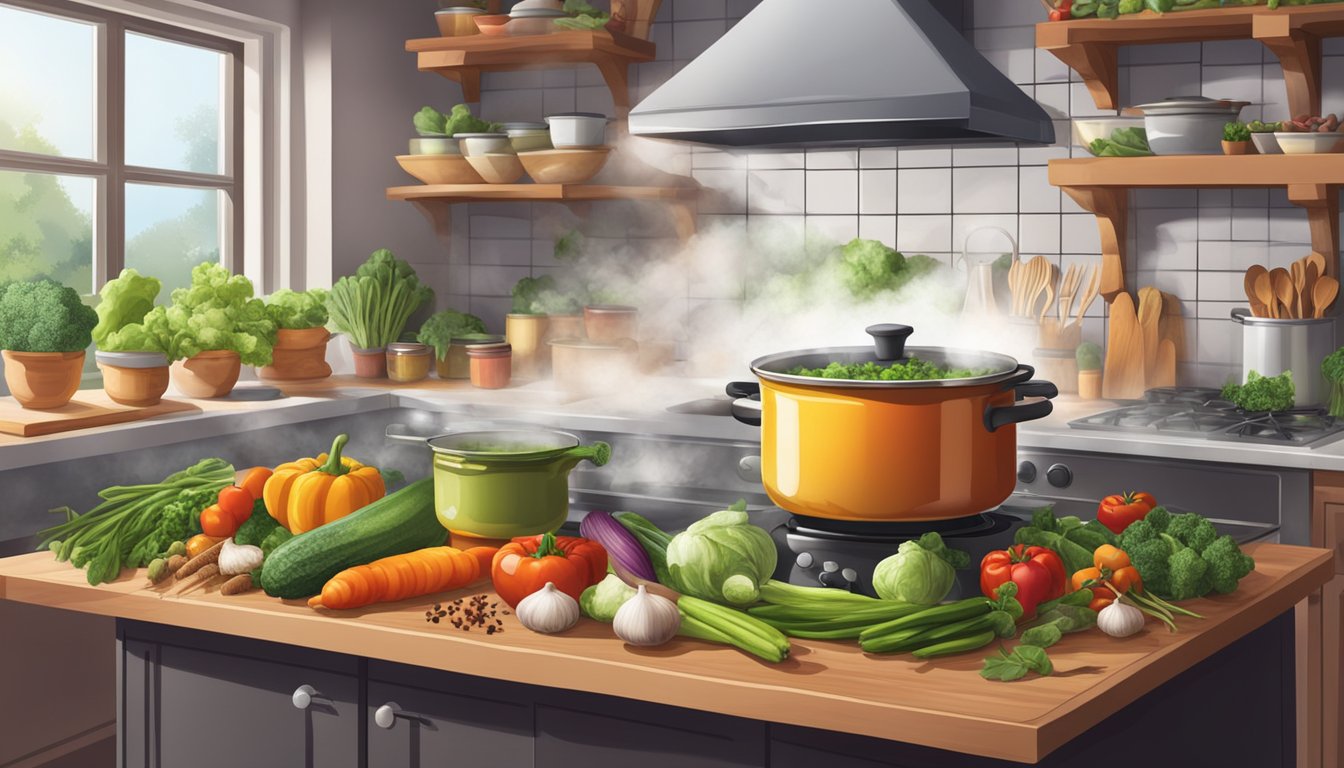 A cozy kitchen filled with colorful vegetables, herbs, and spices. Steam rises from a bubbling pot of superfood soup on the stove