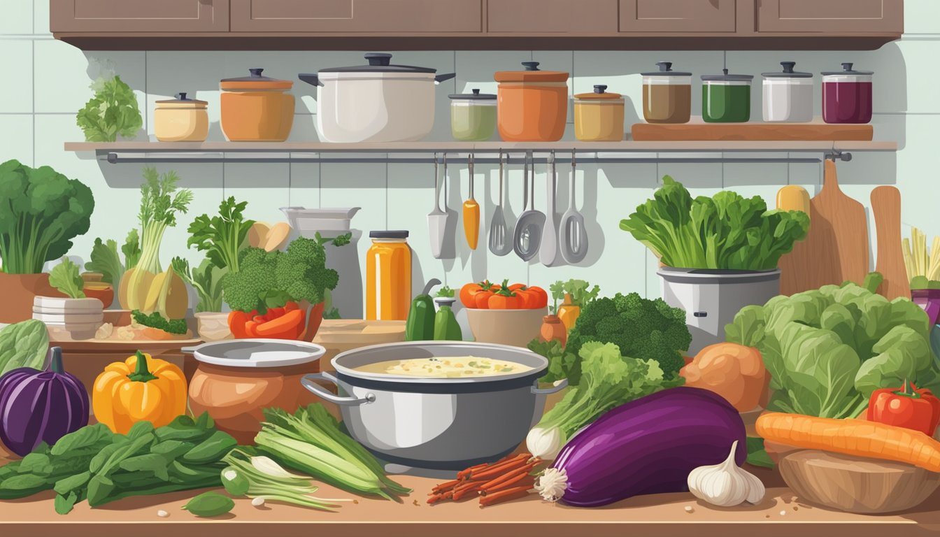 A bustling kitchen with colorful vegetables, herbs, and spices being chopped, simmered, and blended into nourishing soups