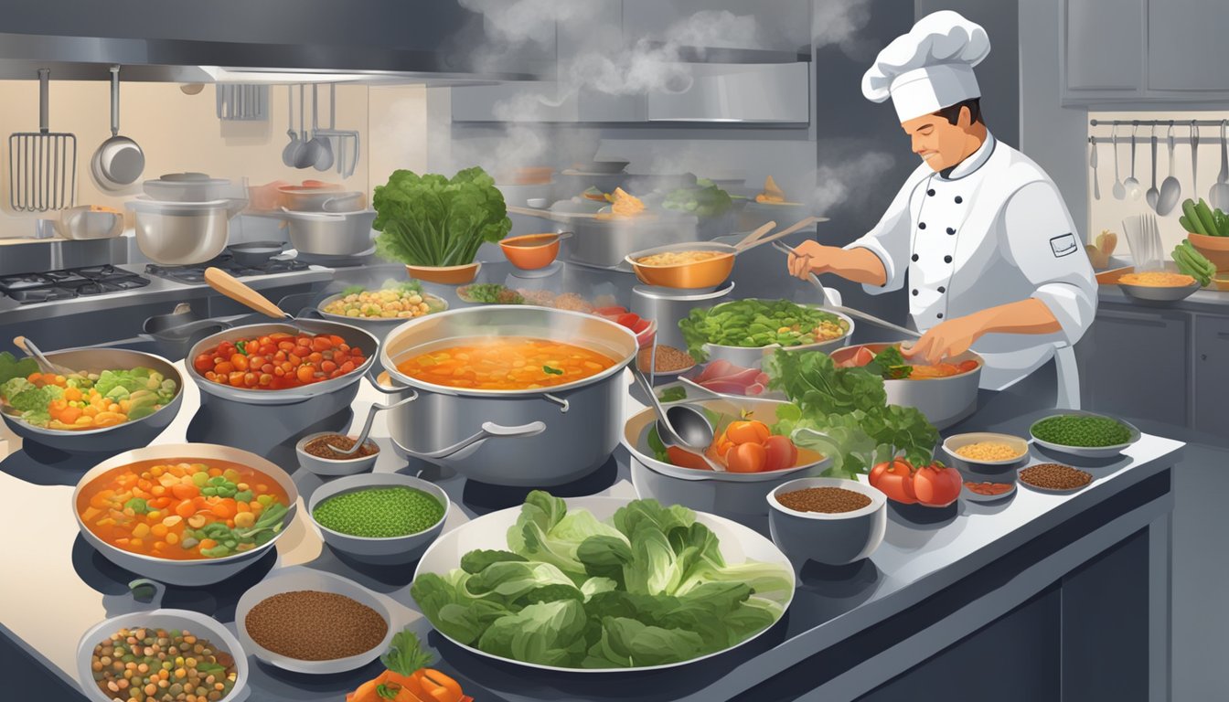 A bustling kitchen with steaming pots, fresh vegetables, and vibrant superfoods scattered on the counter. A chef carefully ladles nourishing soup into bowls