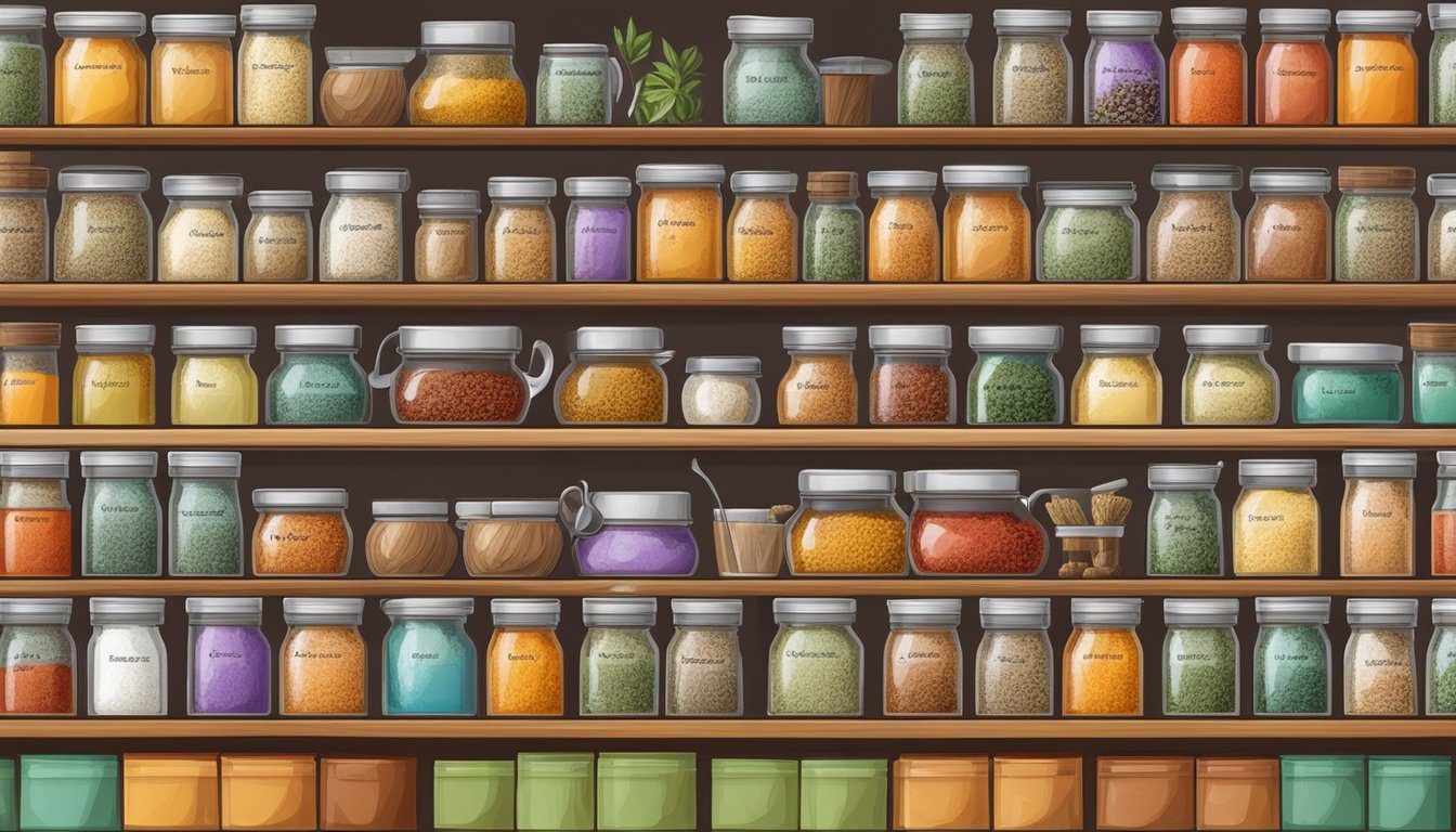 A colorful spice rack with various healing herbs and seasonings, neatly organized and labeled for easy access and use