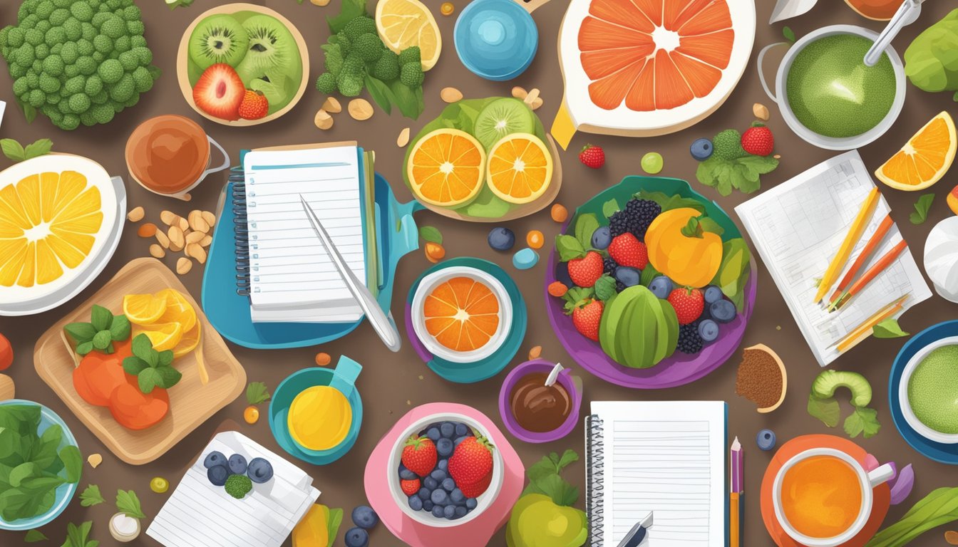 A vibrant assortment of colorful superfoods arranged on a table, surrounded by research papers and scientific journals