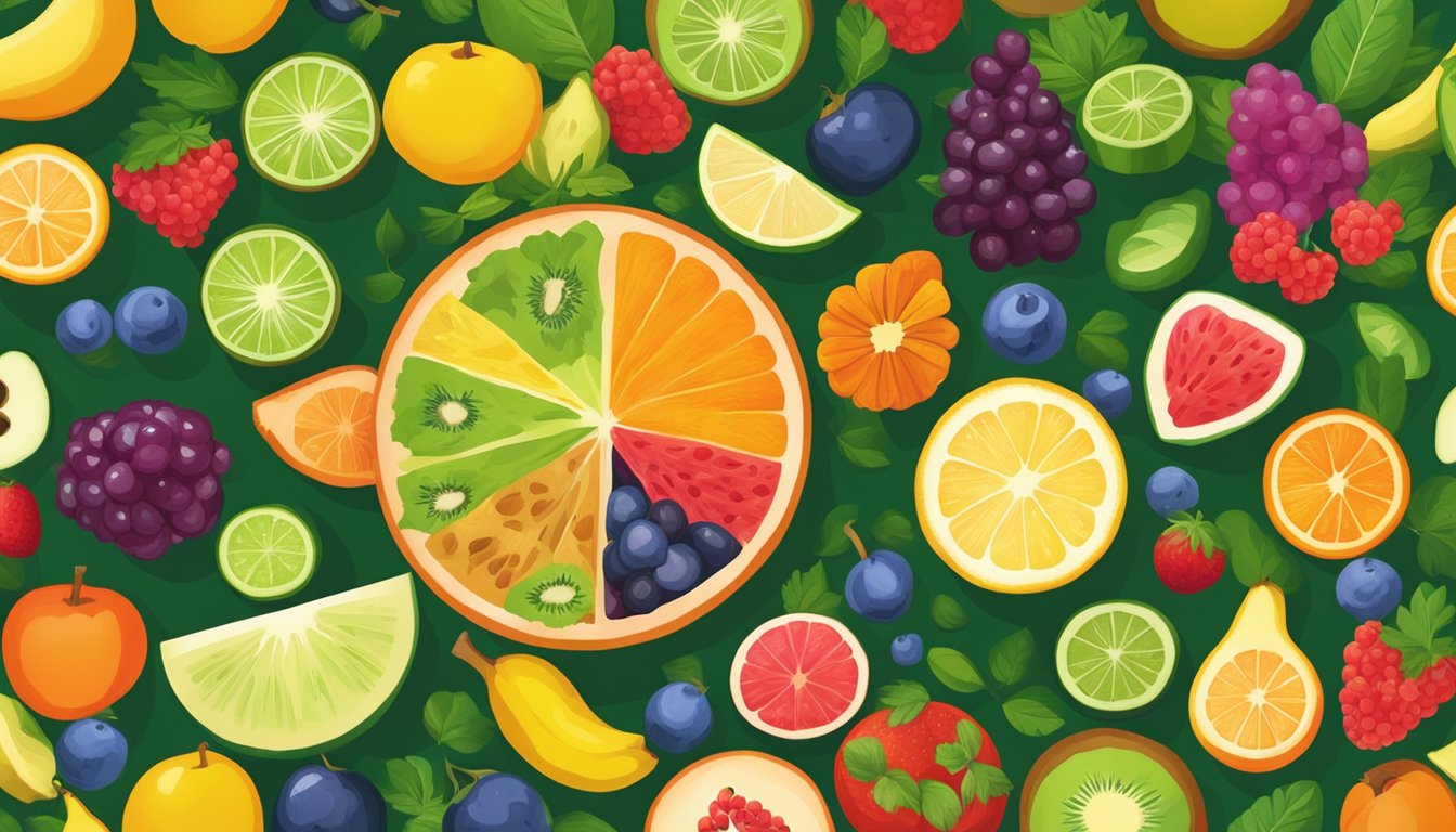 A vibrant array of colorful superfoods arranged in a circular pattern, surrounded by lush green foliage and ripe fruits