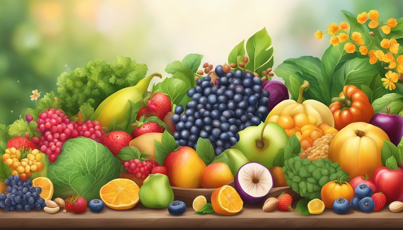 A vibrant array of colorful fruits, vegetables, nuts, and seeds arranged in a bountiful spread, surrounded by lush greenery and blooming flowers