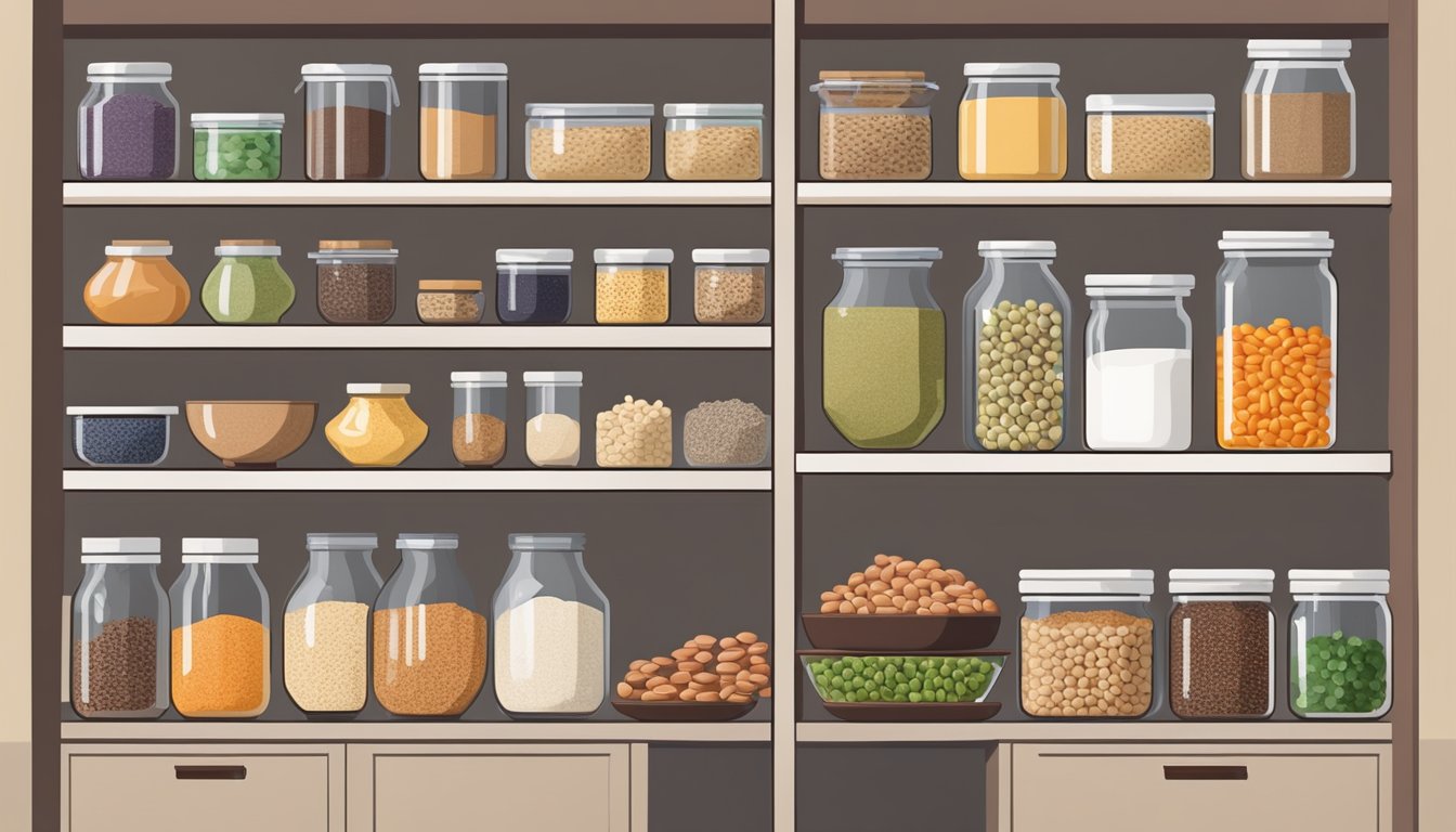 A pantry filled with a variety of protein sources and plant-based options, including nuts, seeds, beans, lentils, quinoa, and tofu, neatly organized on shelves