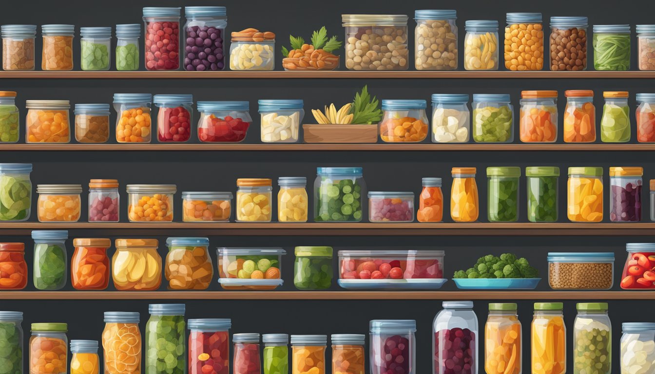 A colorful array of fresh, canned, and dried fruits and vegetables fills the shelves of a well-stocked pantry