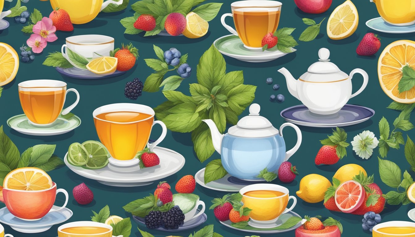 A table set with an assortment of colorful tea cups, surrounded by fresh fruits and herbs. Steam rises from a teapot as a vibrant array of superfood teas brew