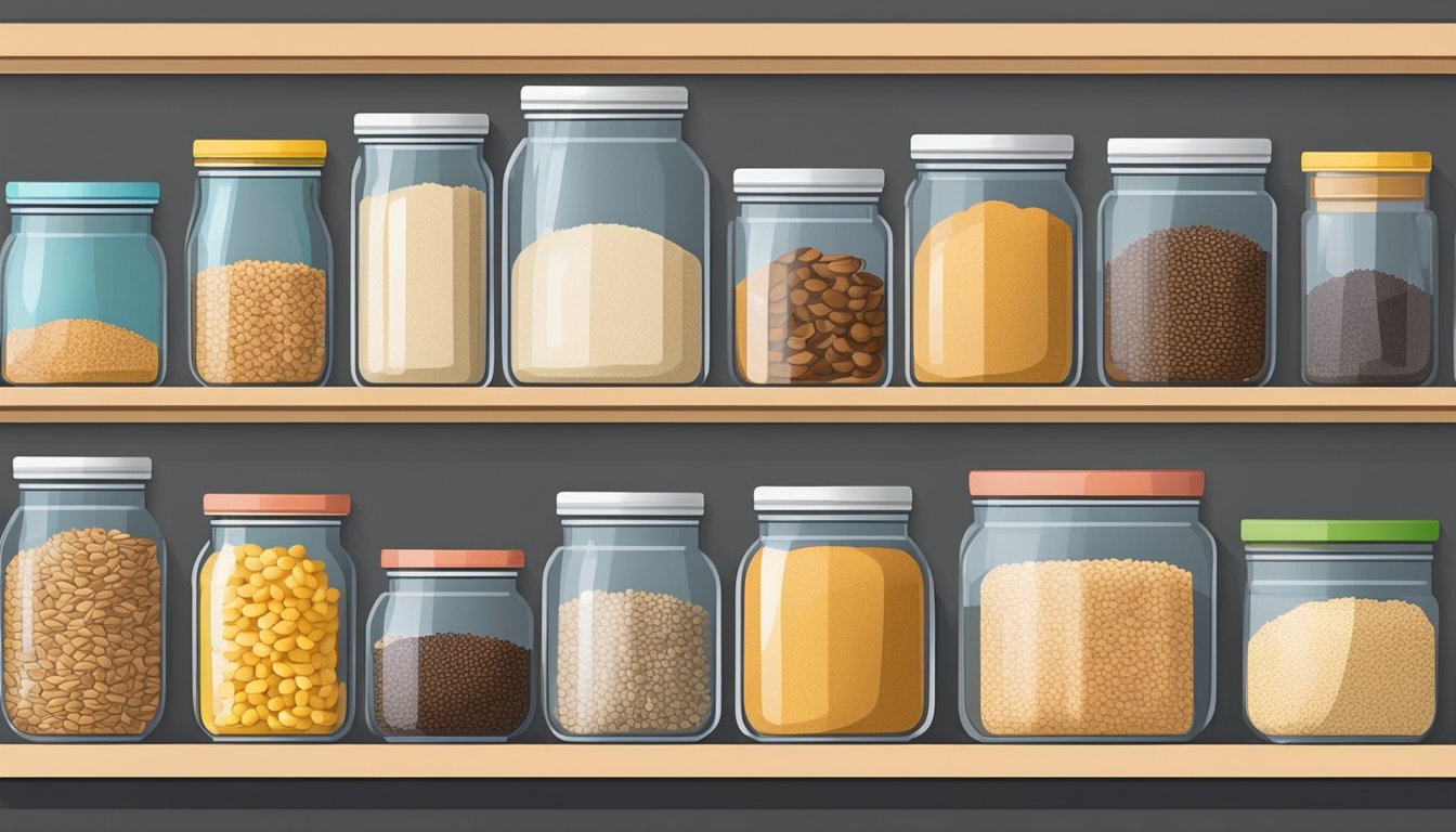 A well-organized pantry shelves with neatly arranged grains, seeds, and baking essentials in clear, labeled containers