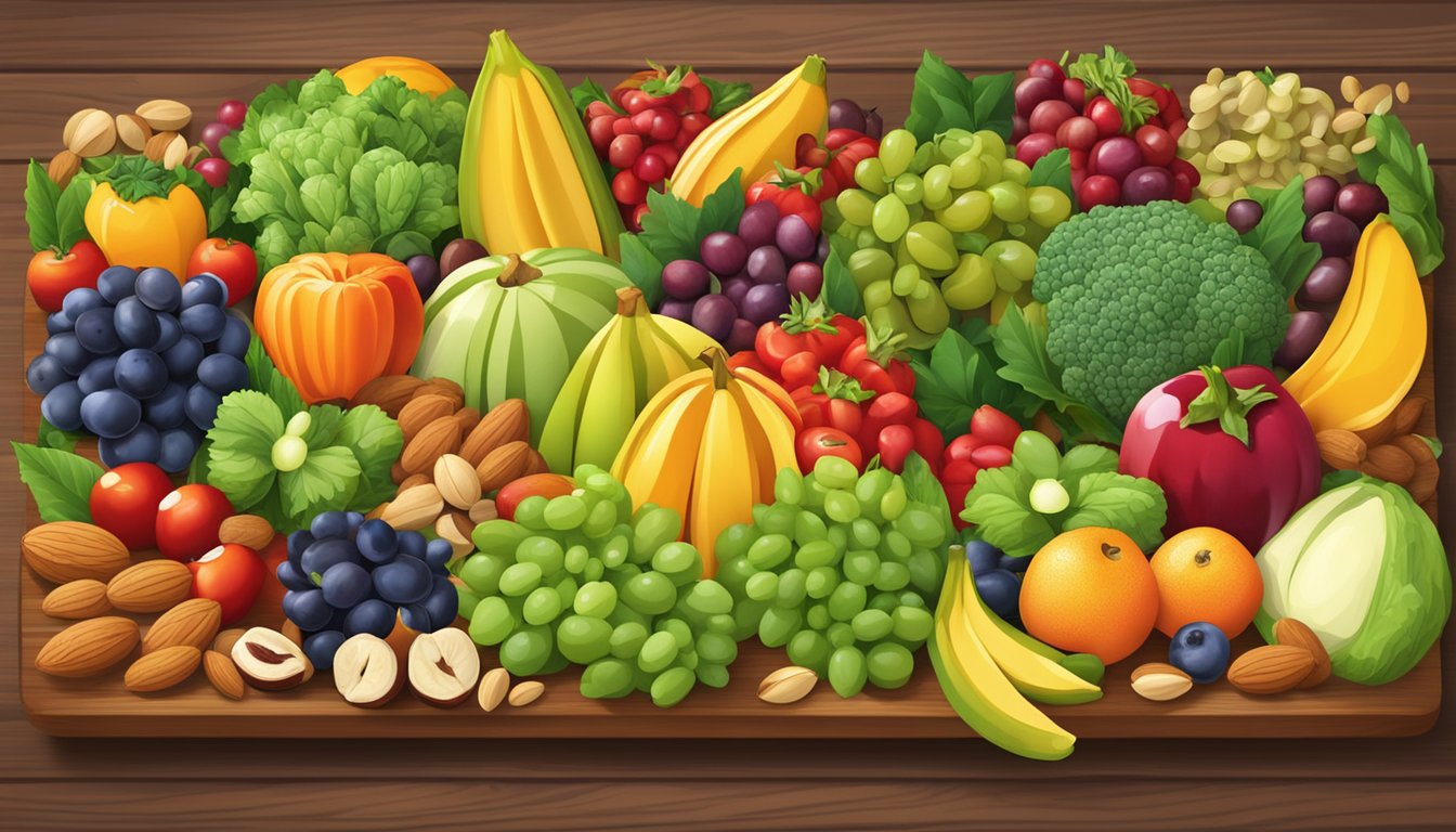 A vibrant array of colorful fruits, vegetables, nuts, and seeds arranged in a bountiful display on a wooden salad bar