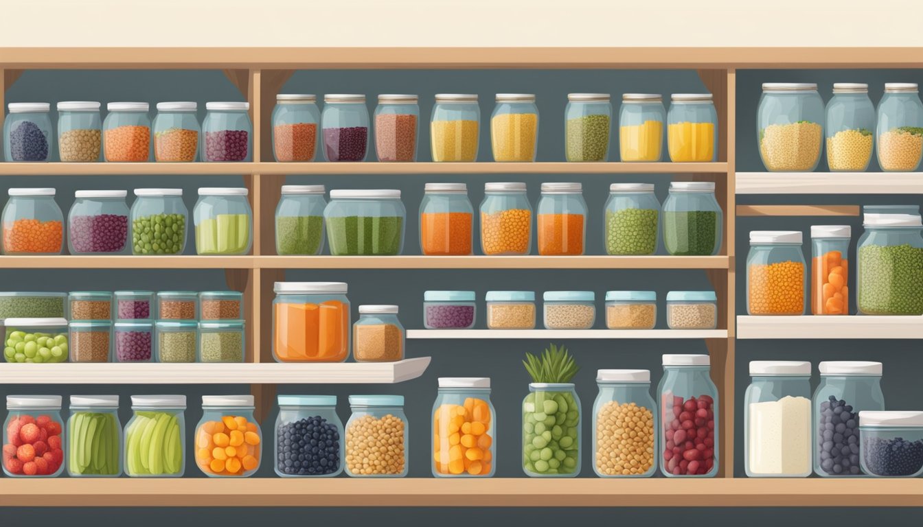 A well-stocked pantry with colorful superfoods neatly organized in clear jars and baskets, surrounded by fresh fruits and vegetables