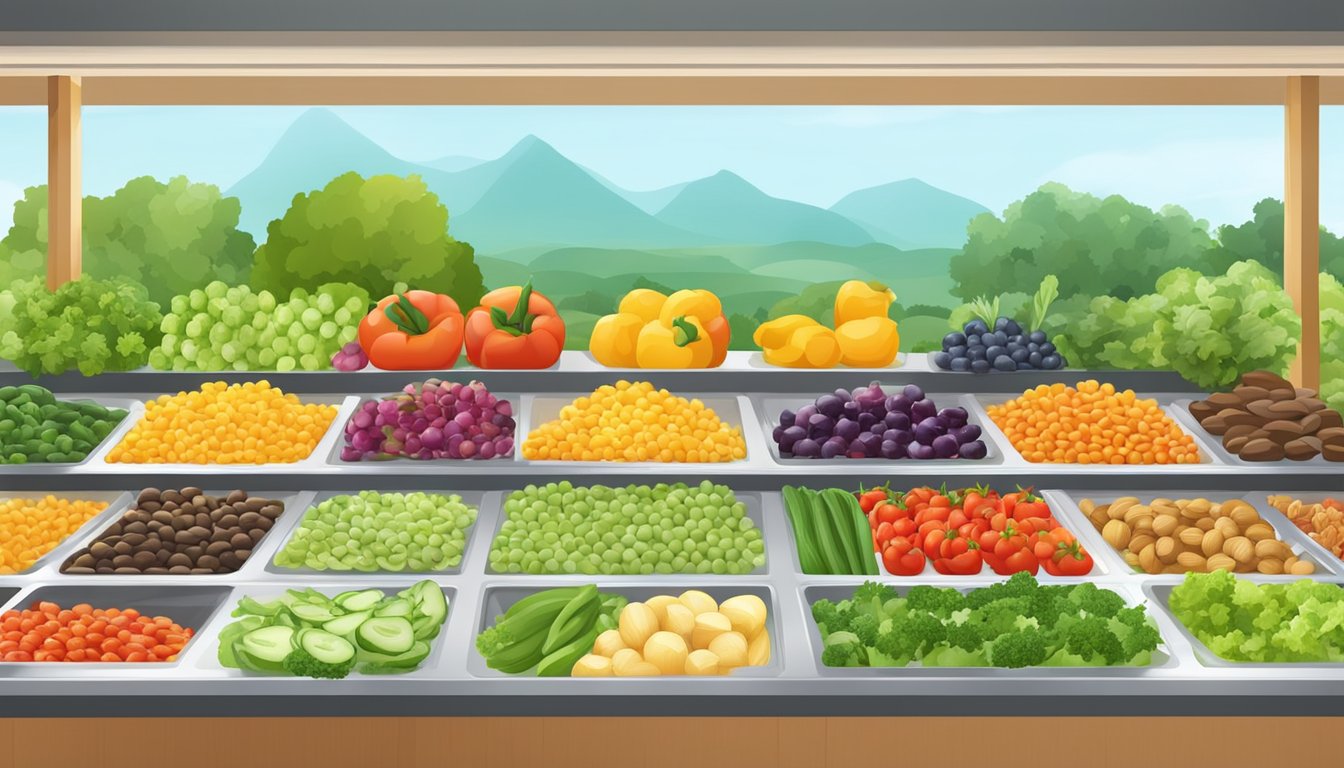 A colorful salad bar with a variety of fresh vegetables, fruits, nuts, and seeds displayed in an organized and appetizing manner