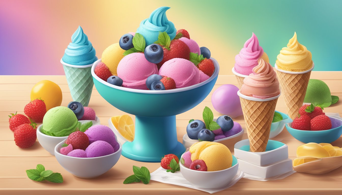 A vibrant ice cream social scene with colorful superfood ingredients and nutritional information displayed on a table