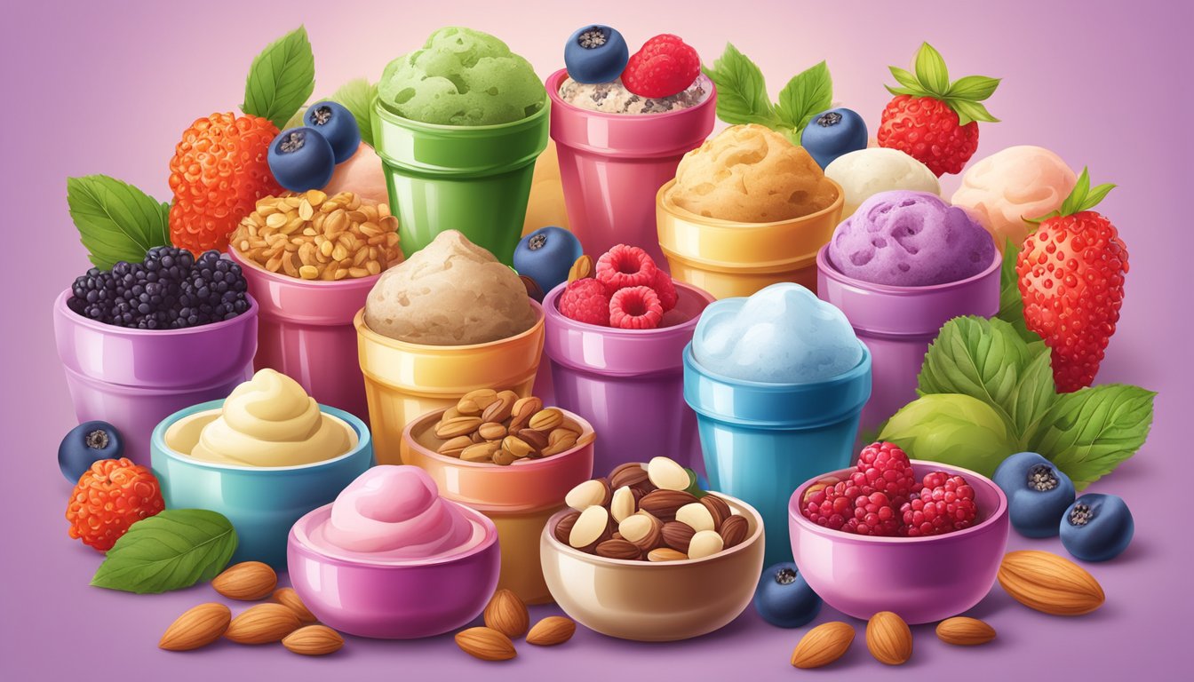 A colorful display of various superfood ingredients such as berries, nuts, and seeds arranged around a selection of health-focused ice cream varieties