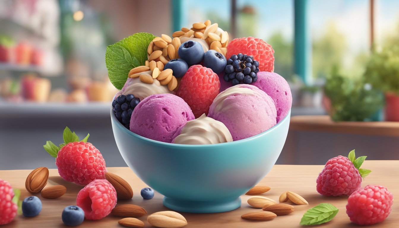 A colorful array of superfood ingredients, such as berries, nuts, and seeds, are being blended into creamy, vibrant ice cream in a trendy, health-conscious setting