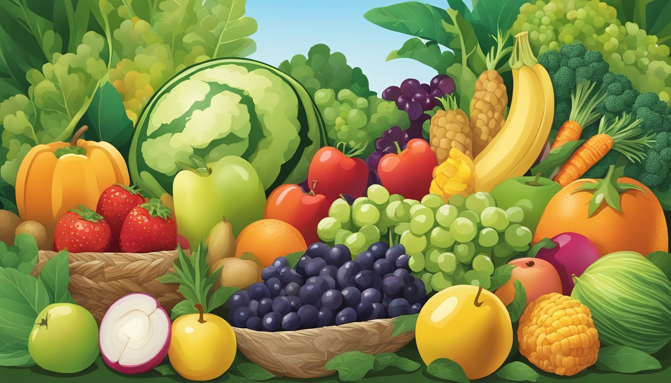 A colorful array of fruits, vegetables, and whole grains arranged in a bountiful display, surrounded by vibrant green foliage and a clear blue sky