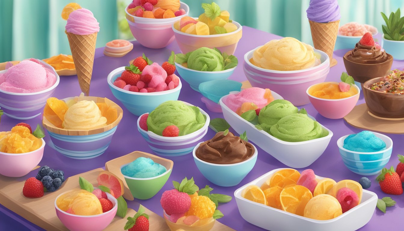 A vibrant ice cream social with colorful superfood toppings and a variety of healthier frozen treats displayed on a table. The atmosphere is lively and inviting, with people enjoying the innovative flavors