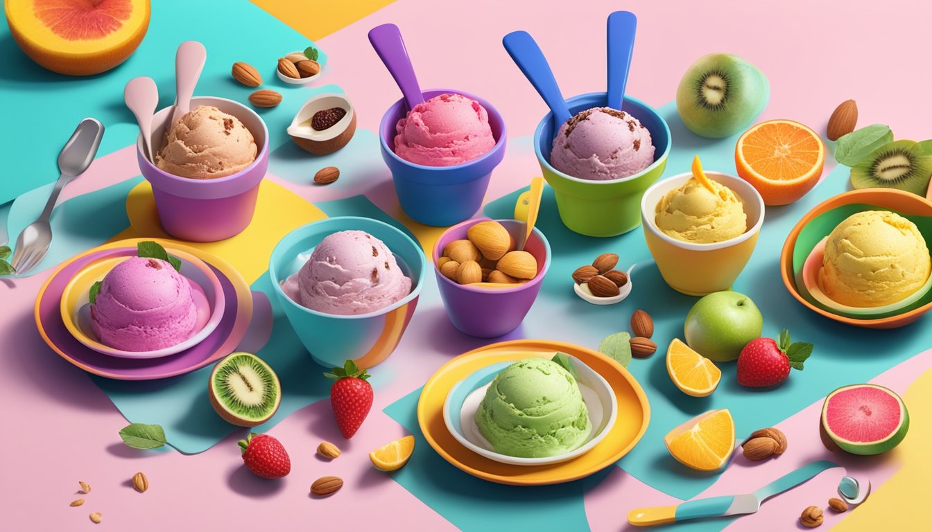 A colorful spread of superfood ice cream containers and serving utensils on a vibrant table, surrounded by fresh fruits and nuts