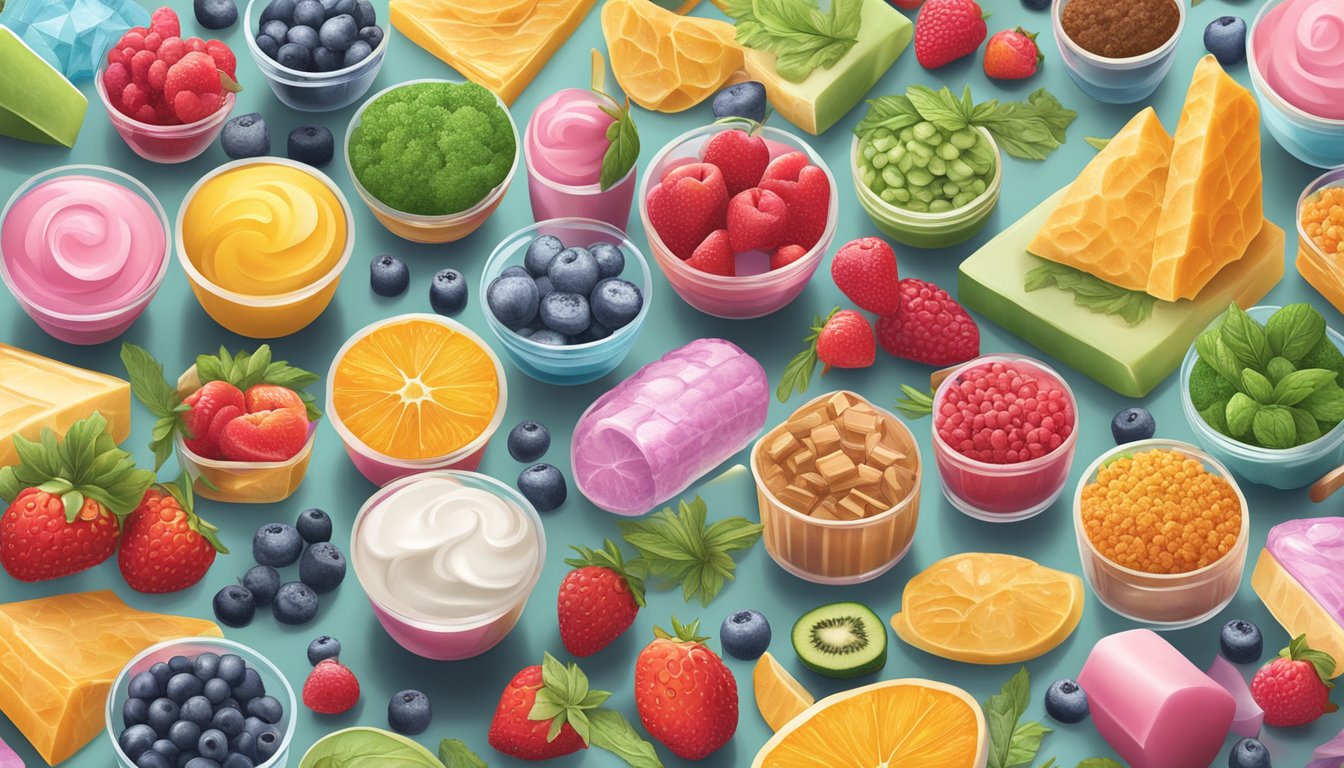 A colorful display of vibrant superfood ingredients surrounded by various frozen treat options