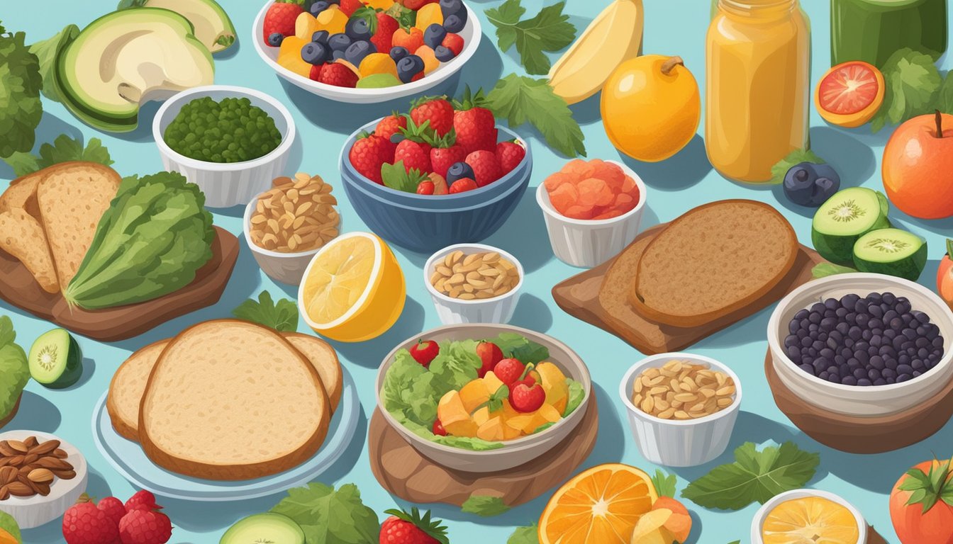 A colorful picnic blanket spread with an assortment of fresh fruits, vegetables, whole grain bread, nuts, and seeds, along with a variety of superfood dips and spreads