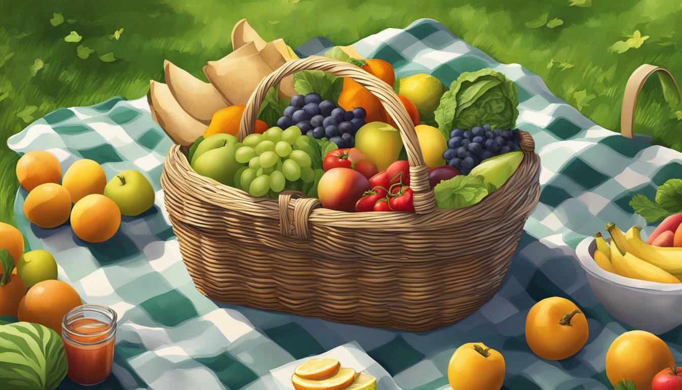 A picnic basket filled with fresh fruits, vegetables, and other superfoods sits on a checkered blanket in a lush, green park. A cool breeze blows through the scene, keeping the cold dishes safe and delicious