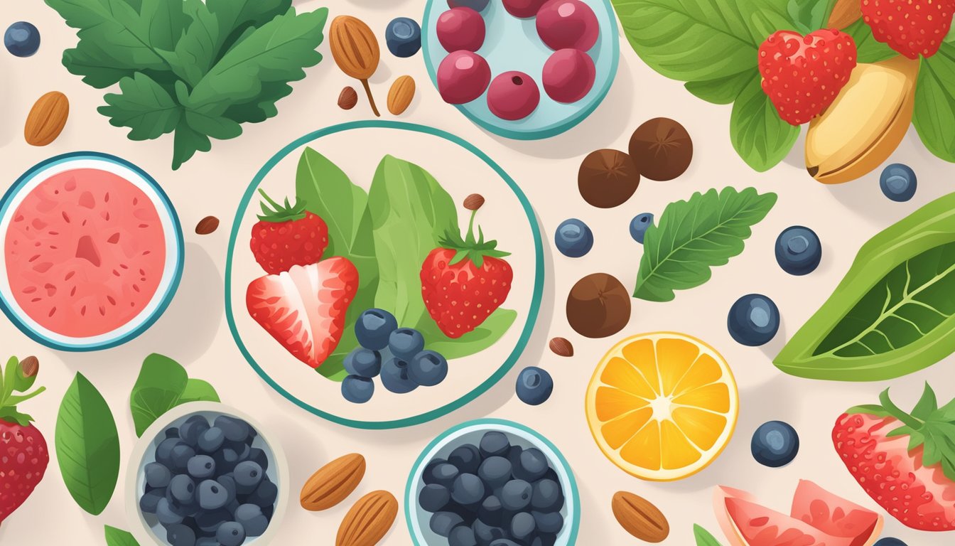 A colorful array of superfoods, including berries, nuts, and leafy greens, surrounded by allergen-free symbols and a serene natural backdrop