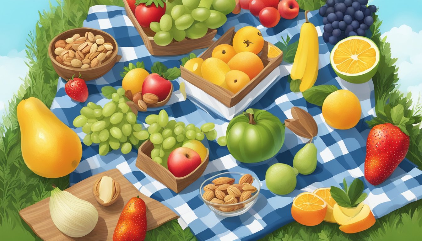 A picnic blanket spread with colorful fruits, vegetables, and nuts, surrounded by lush greenery and a clear blue sky